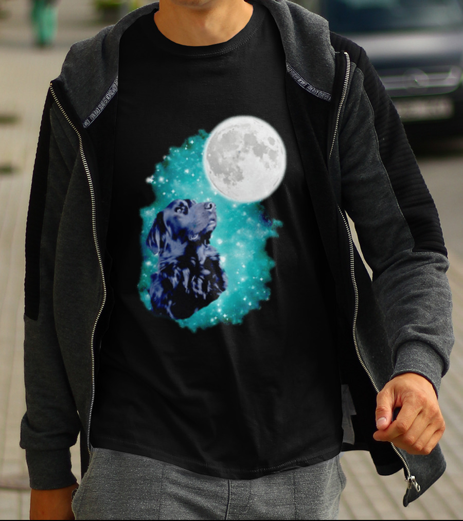 Black Dog Under Moon In Galaxy Space T-Shirt