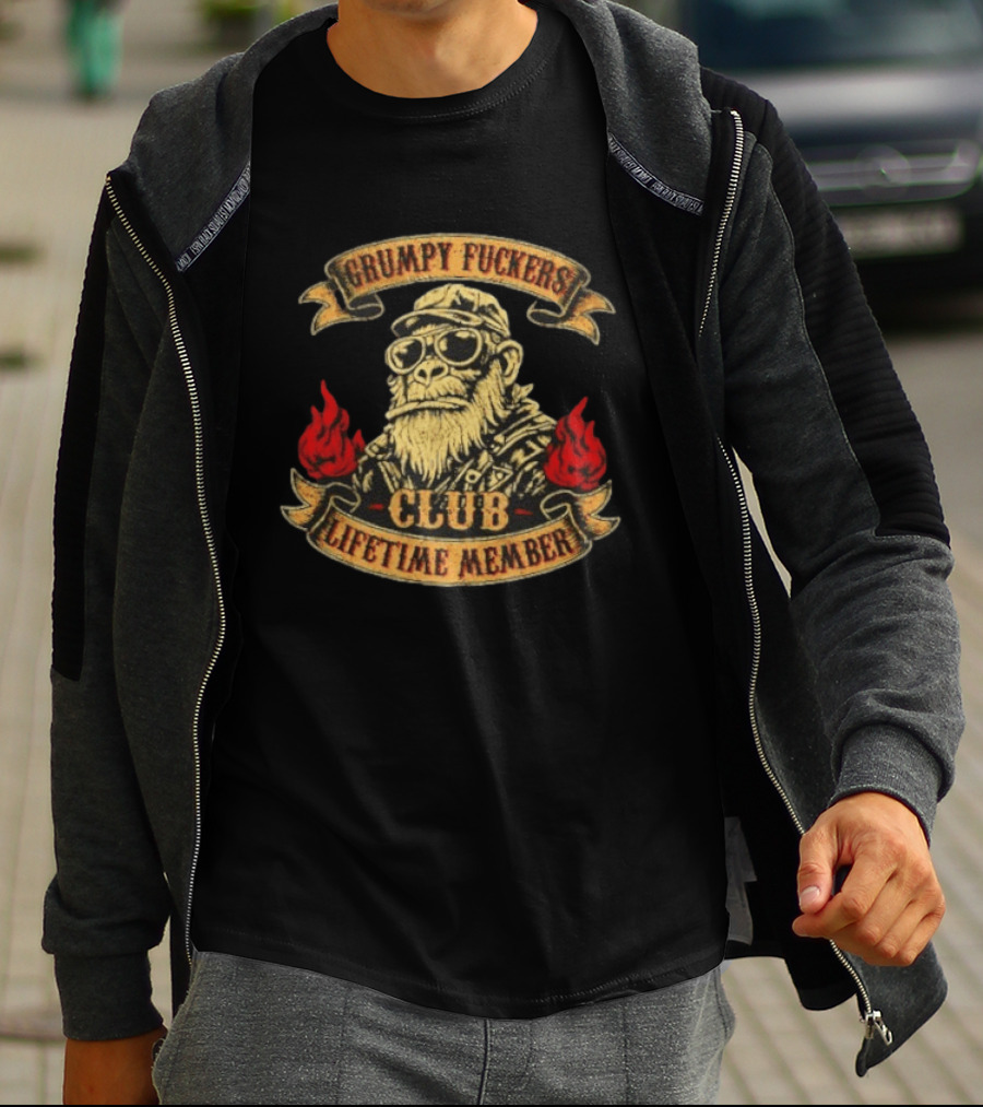 Grumpy Fuckers Club Lifetime Member Monkey With Sunglasses And Flames T-Shirt