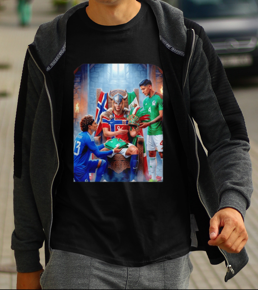 Guillermo Ochoa And Johan Vasquez Offering Mexico Jersey To Viking Erling Haaland With Norway Flag In Throne Room T-Shirt