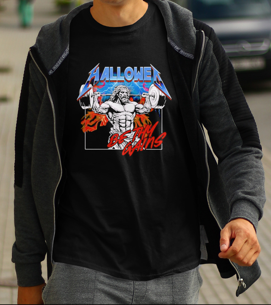 Hallowed Be Thy Gains Jesus Weightlifting Muscular Power T-Shirt