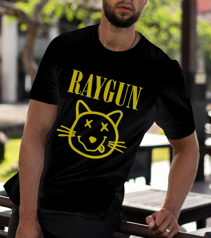 Raygun Smiley Cat Face Neon Yellow Quirky Expression T-Shirt