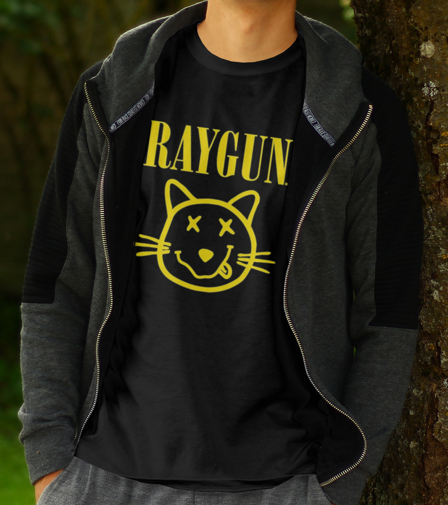 Raygun Smiley Cat Face Neon Yellow Quirky Expression T-Shirt