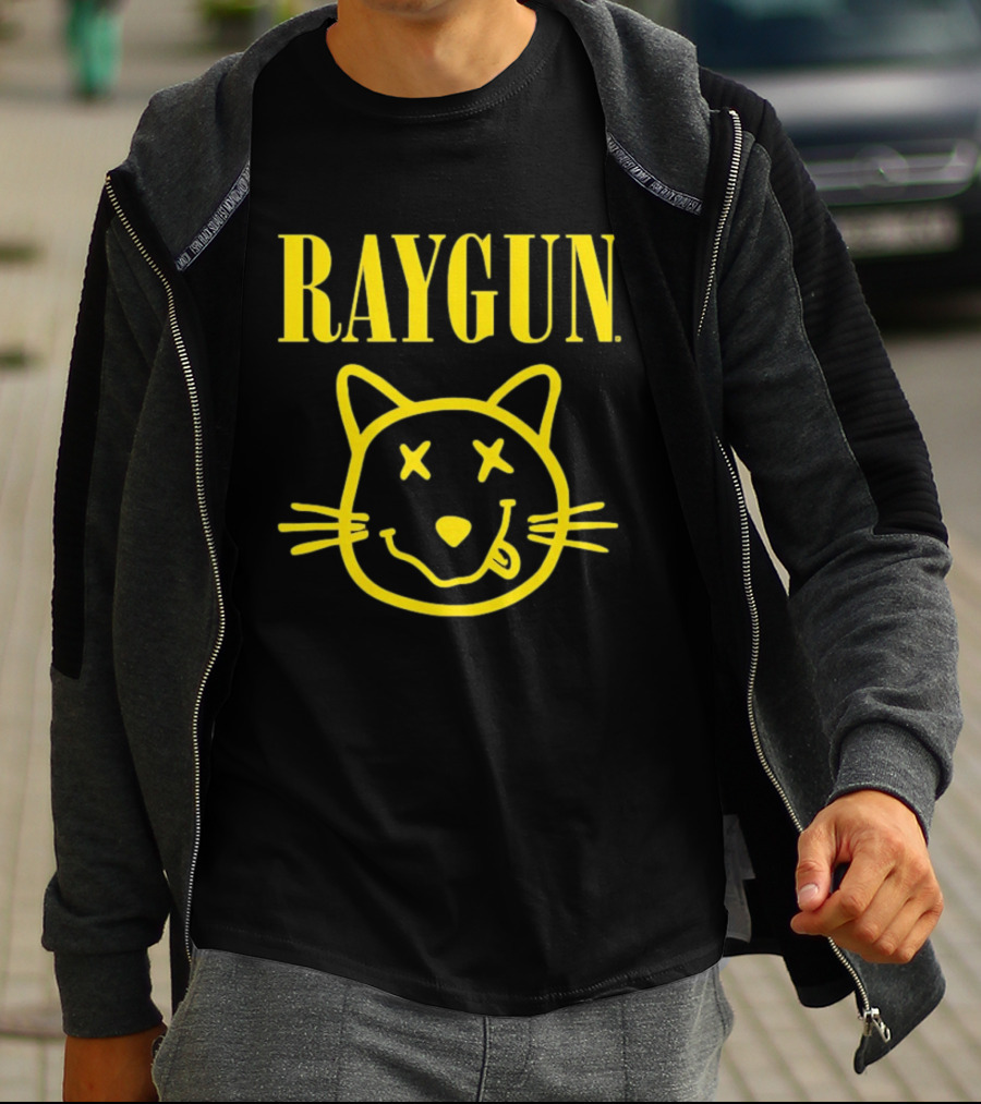 Raygun Smiley Cat Face Neon Yellow Quirky Expression T-Shirt
