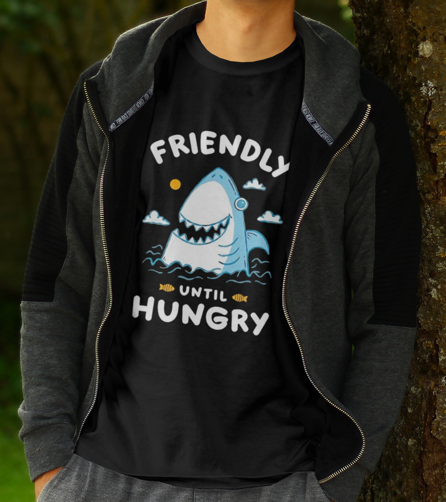 Friendly Shark Grinning Until Hungry Cloudy Ocean Scene T-Shirt