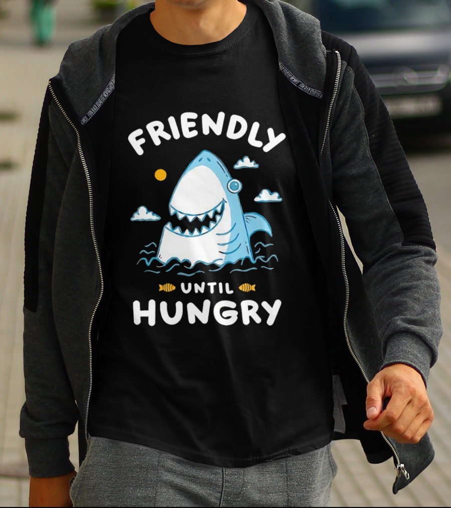 Friendly Shark Grinning Until Hungry Cloudy Ocean Scene T-Shirt
