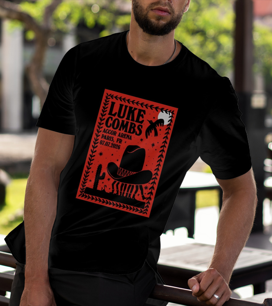 Luke Combs Accor Arena Paris FR 07.07.2026 Cowboy Hat Cactus Moon Desert Scene T-Shirt