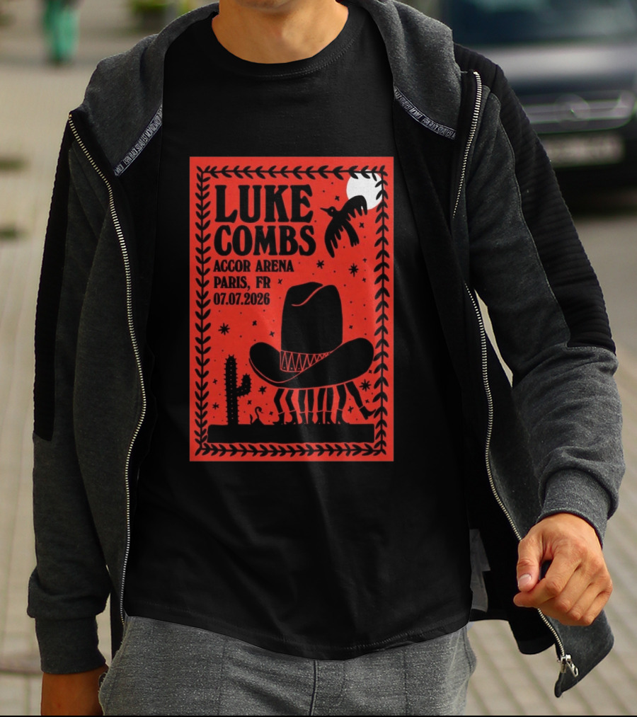 Luke Combs Accor Arena Paris FR 07.07.2026 Cowboy Hat Cactus Moon Desert Scene T-Shirt