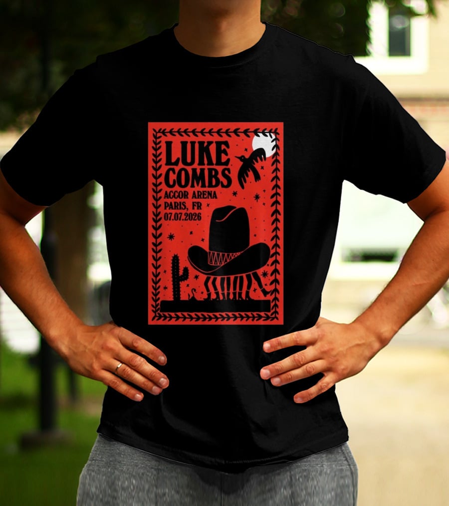 Luke Combs Accor Arena Paris FR 07.07.2026 Cowboy Hat Cactus Moon Desert Scene T-Shirt
