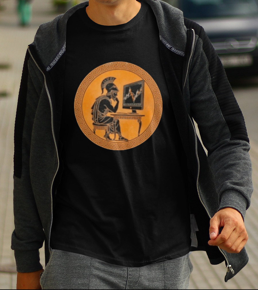 Greek Warrior Analyzing Stock Charts With Ancient Trader Flair T-Shirt