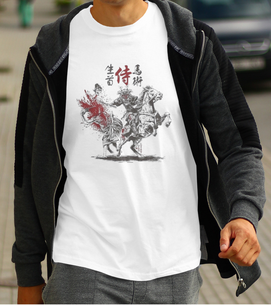 Zero Foxtrot Namakubi Bajutsu Samurai Riding Warrior With Red Kanji T-Shirt