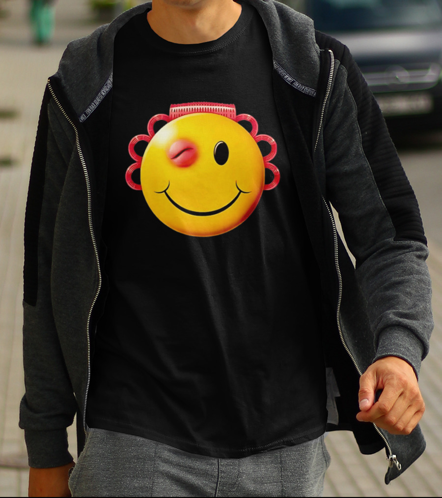 Winking Smiley Face Emoji With Hair Rollers T-Shirt