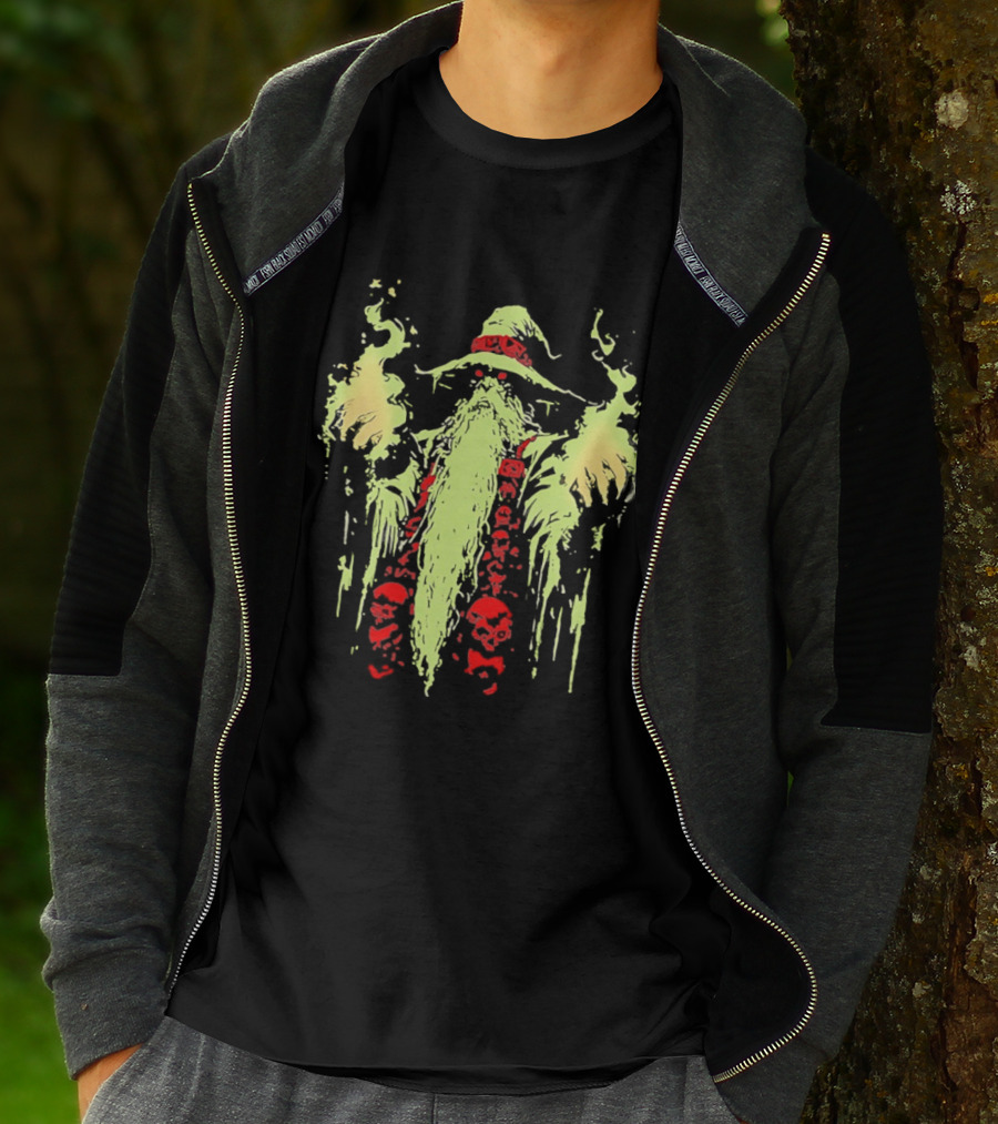 Necromancer Wizard With Glowing Green Fire And Red Skulls T-Shirt