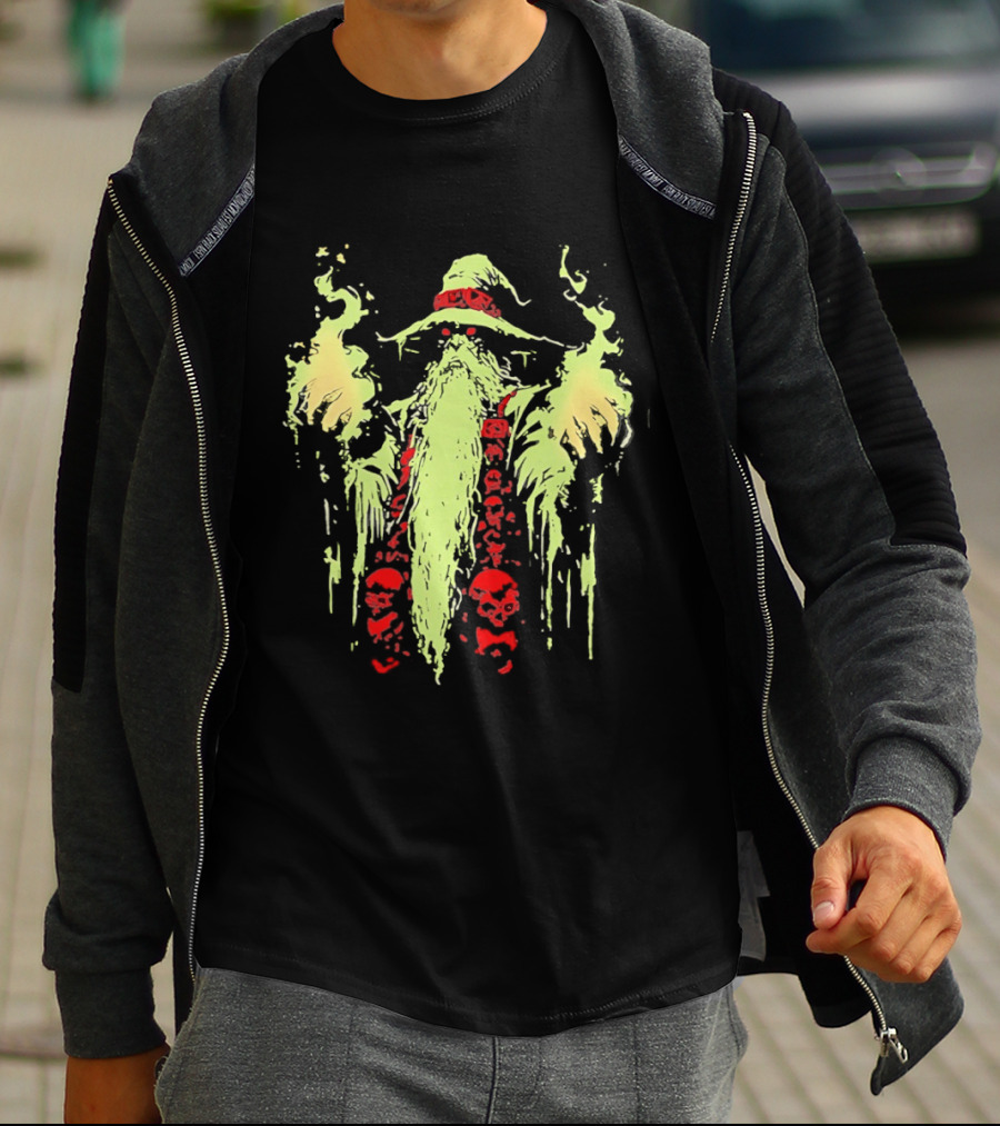 Necromancer Wizard With Glowing Green Fire And Red Skulls T-Shirt