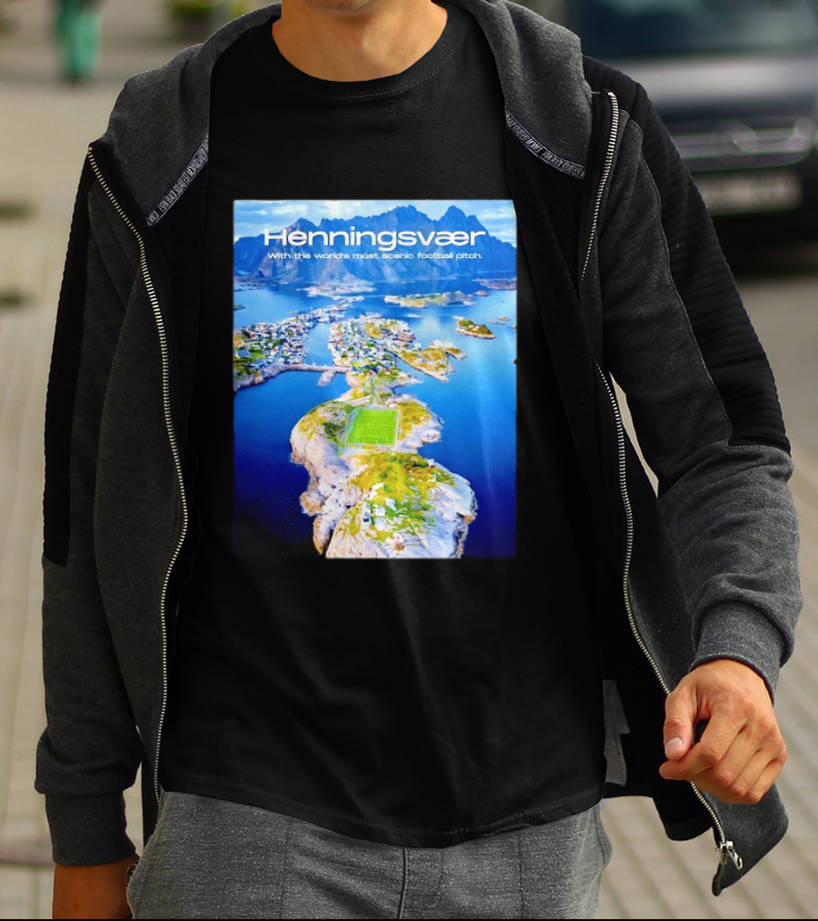 Henningsvaer With The World's Most Scenic Football Pitch Aerial View T-Shirt