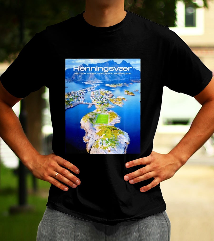 Henningsvaer With The World's Most Scenic Football Pitch Aerial View T-Shirt