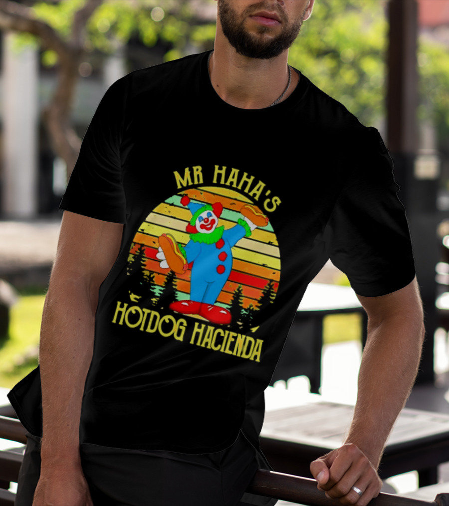 Mr Haha's Hotdog Hacienda Clown In Colorful Costume With Hot Dog T-Shirt