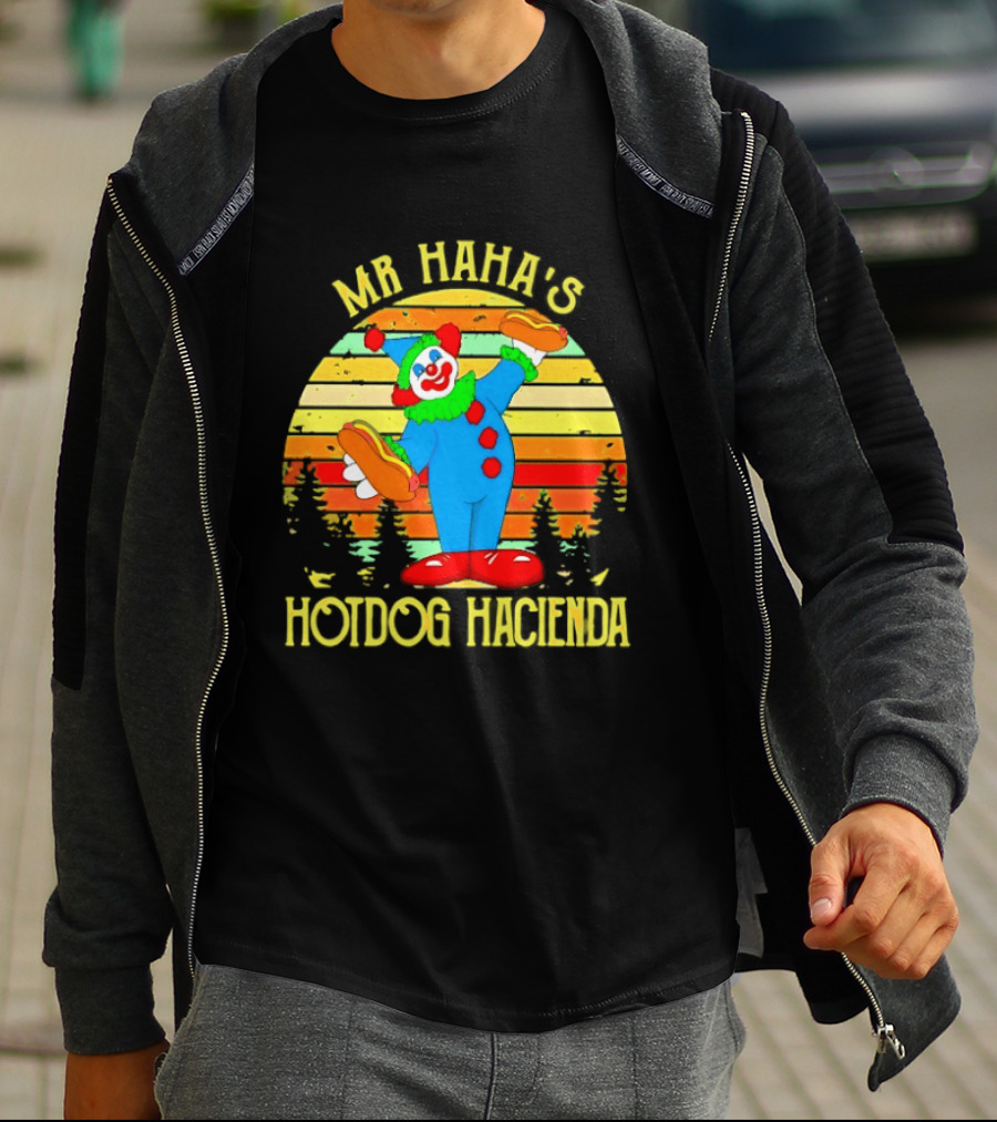 Mr Haha's Hotdog Hacienda Clown In Colorful Costume With Hot Dog T-Shirt