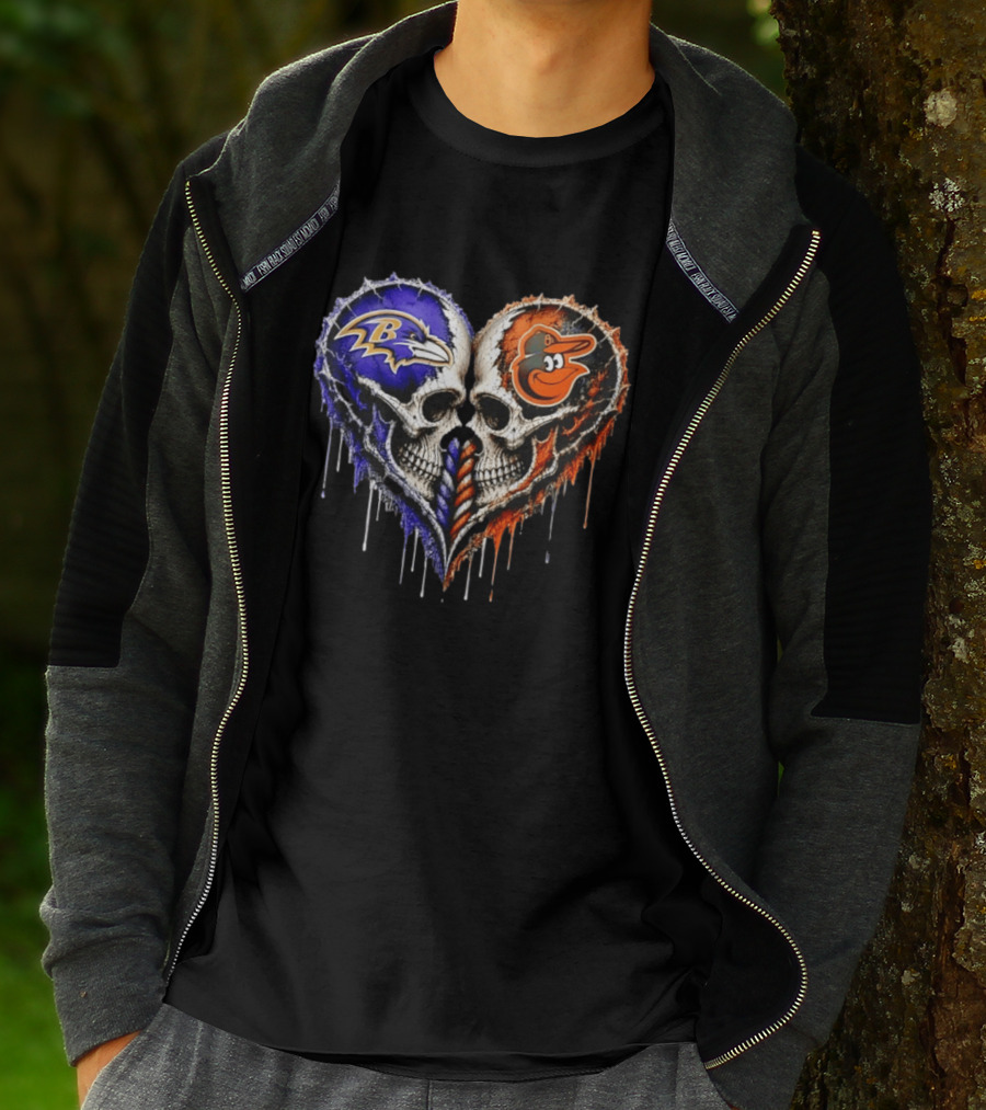 Baltimore Ravens And Baltimore Orioles Skull Heart T-Shirt