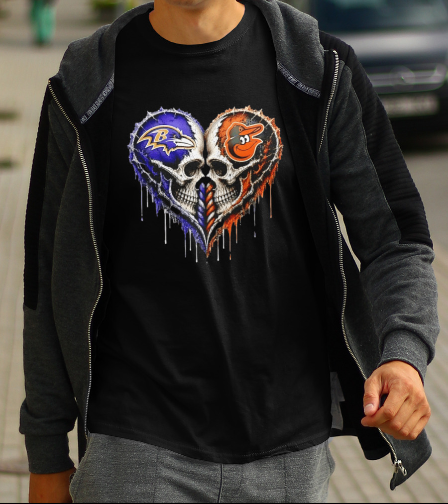 Baltimore Ravens And Baltimore Orioles Skull Heart T-Shirt