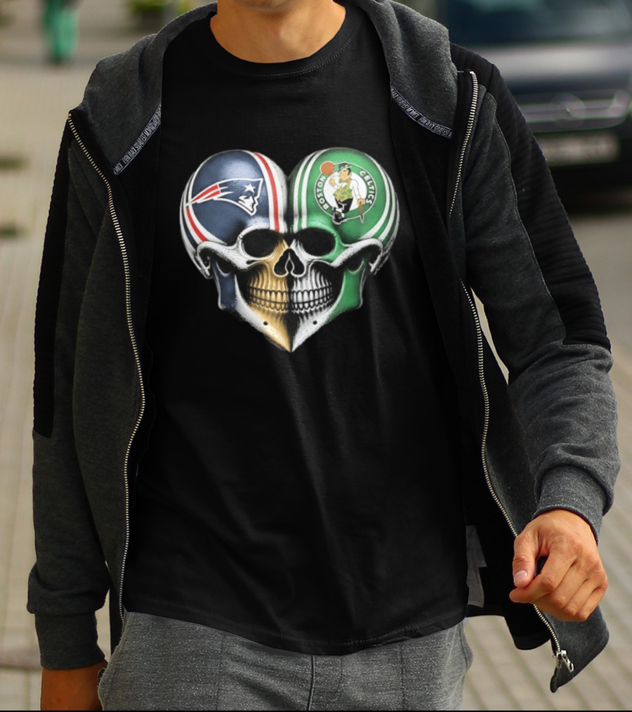 Boston Celtics And New England Patriots Skull Heart T-Shirt