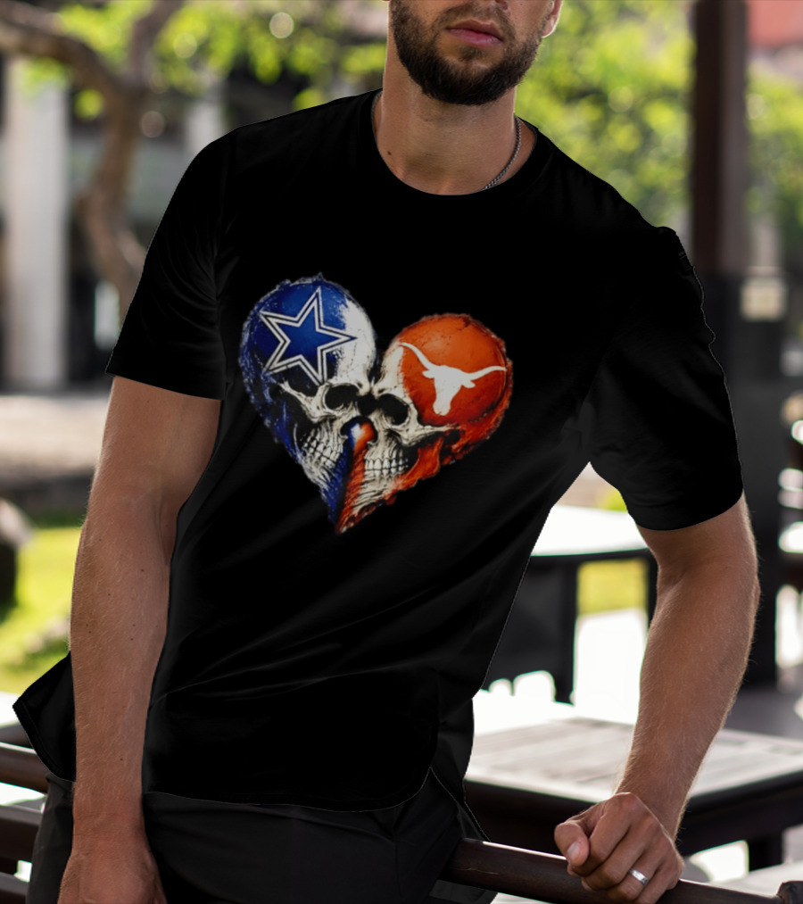 Dallas Cowboys And Texas Longhorns Skulls Heart T-Shirt