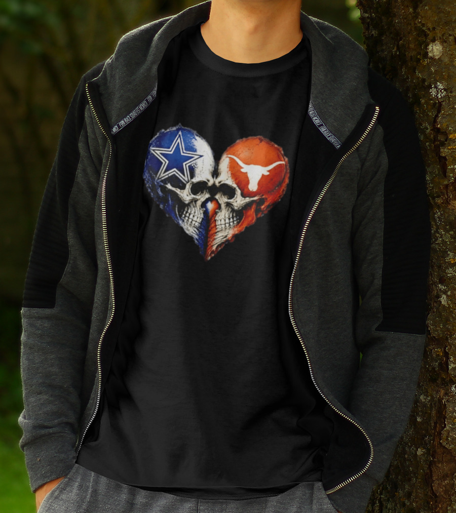 Dallas Cowboys And Texas Longhorns Skulls Heart T-Shirt