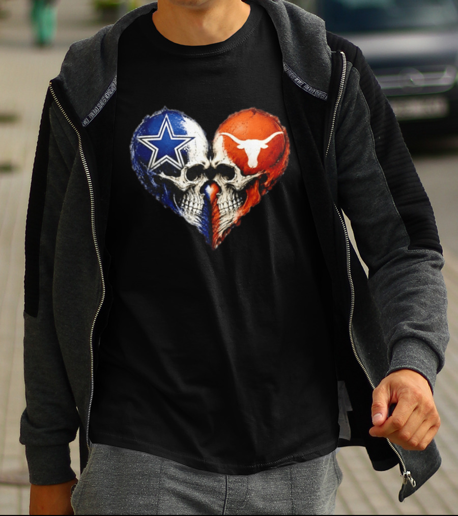 Dallas Cowboys And Texas Longhorns Skulls Heart T-Shirt