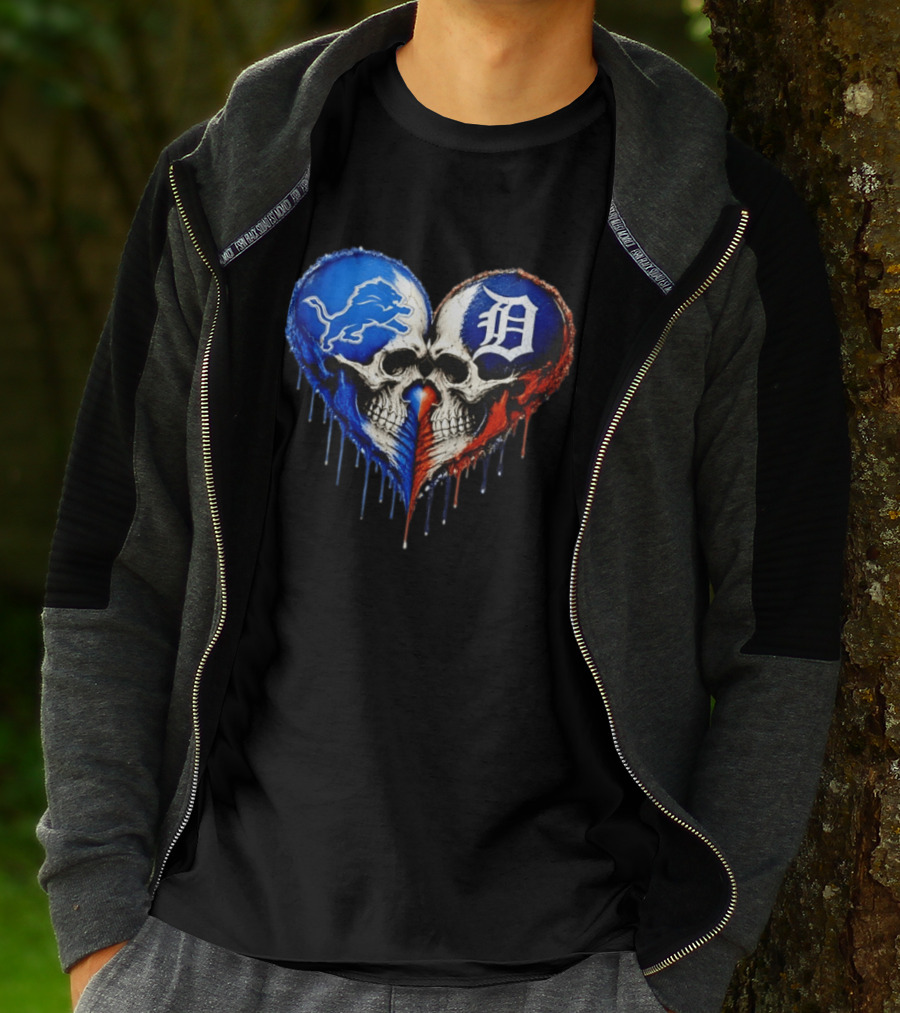 Detroit Lions And Detroit Tigers Skull Heart T-Shirt