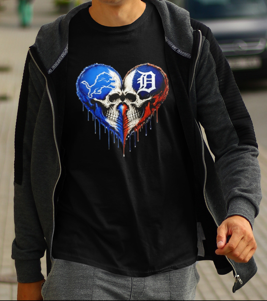 Detroit Lions And Detroit Tigers Skull Heart T-Shirt