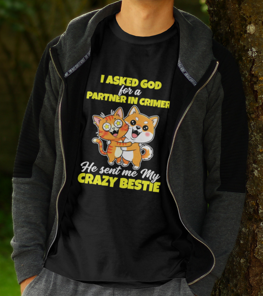 Dog And Cat I Asked God For A Partner In Crime He Sent Me My Crazy Bestie T-Shirt