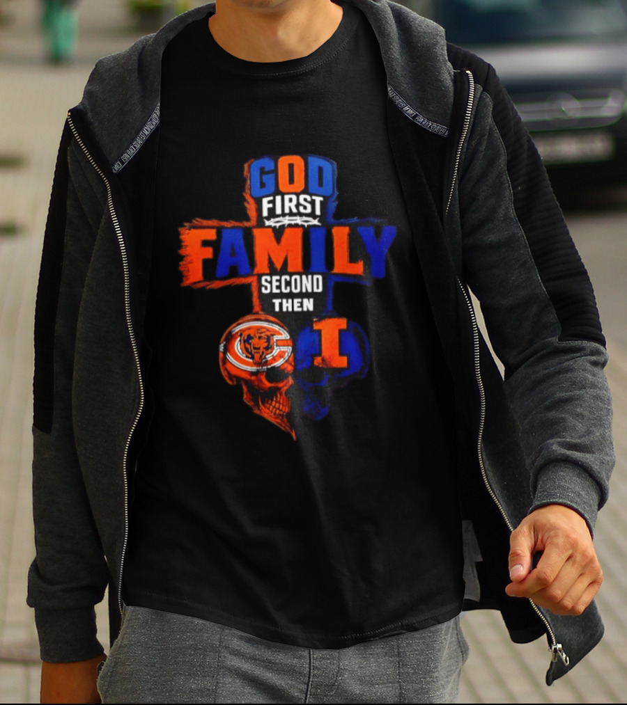 God First Family Second Then Chicago Bears And Illinois Fighting Illini Skull Heart T-Shirt