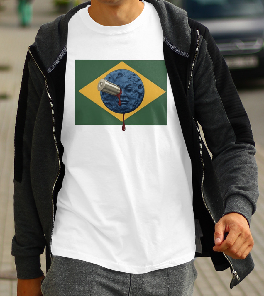 Brazil Flag Moon Face With Bullet And Bleeding Effect T-Shirt