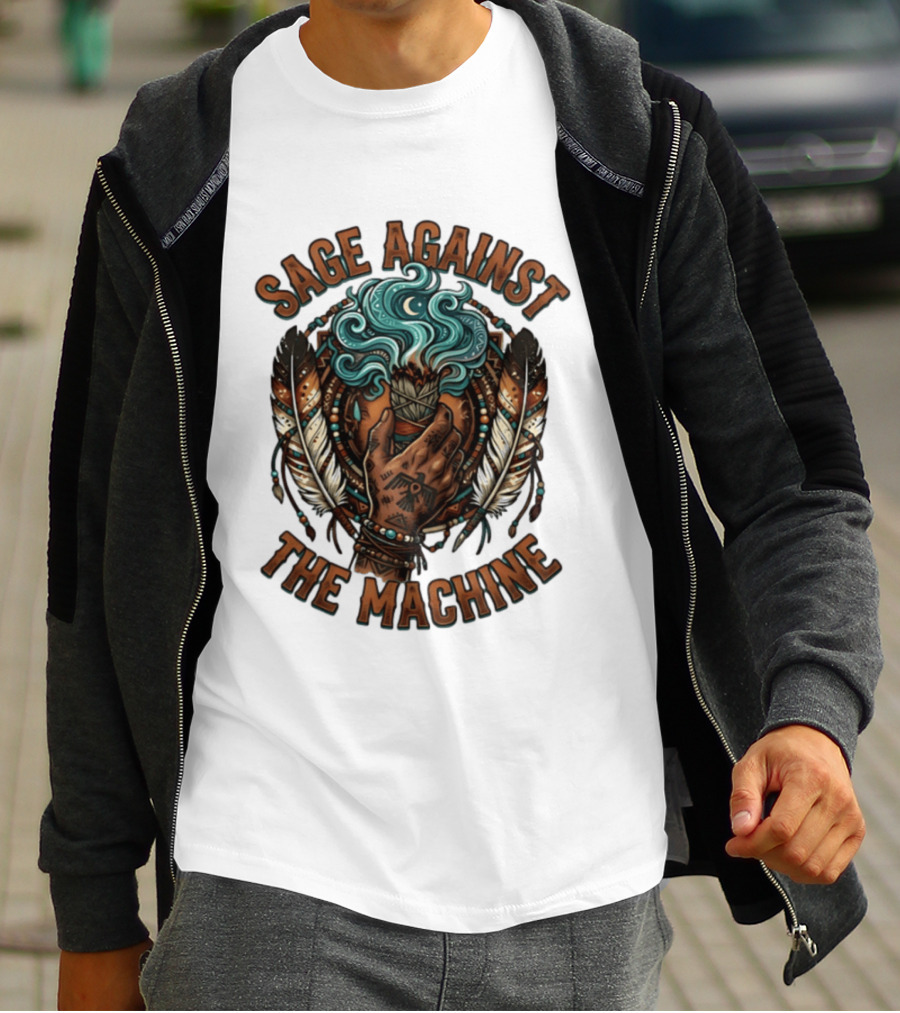 Sage Against The Machine Hand Holding Smudging Sticks With Feathers And Beadwork T-Shirt
