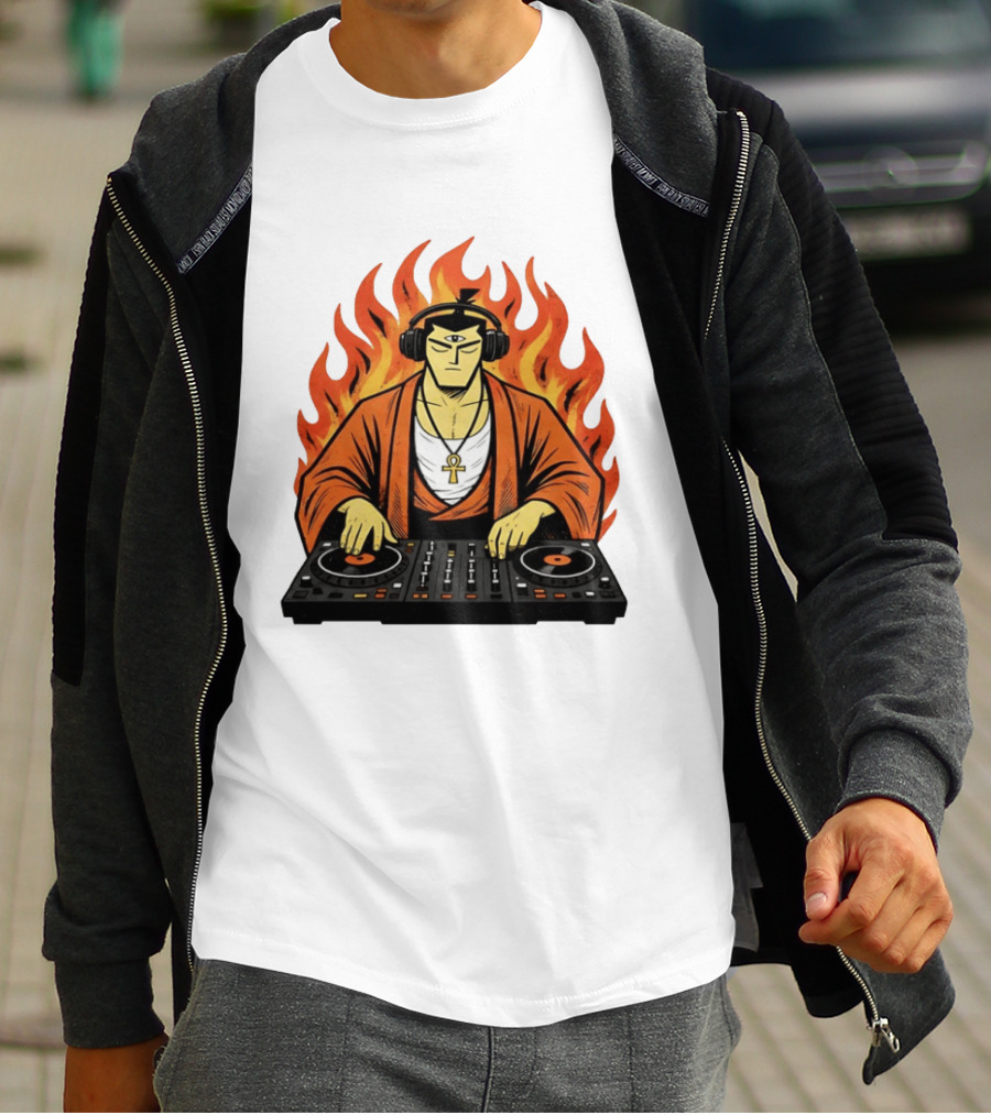 Samurai Jack DJing With Headphones Fire Music Mixer T-Shirt
