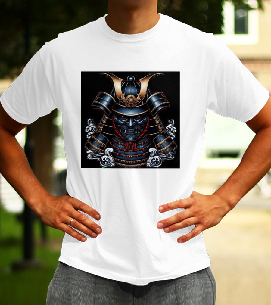 Samurai Warrior Mask Helmet With Traditional Armor And Red Accents T-Shirt