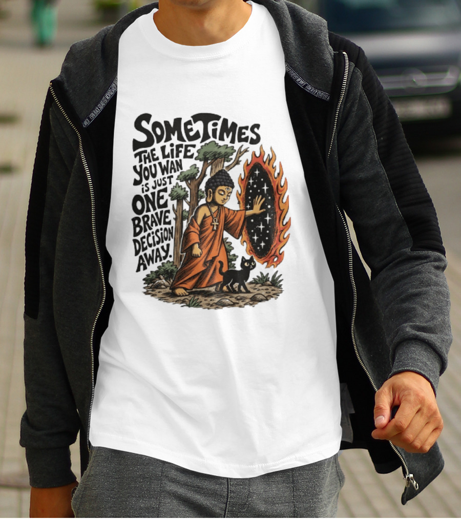 Sometimes The Life You Want Is Just One Brave Decision Away Buddha Cat Portal Forest T-Shirt