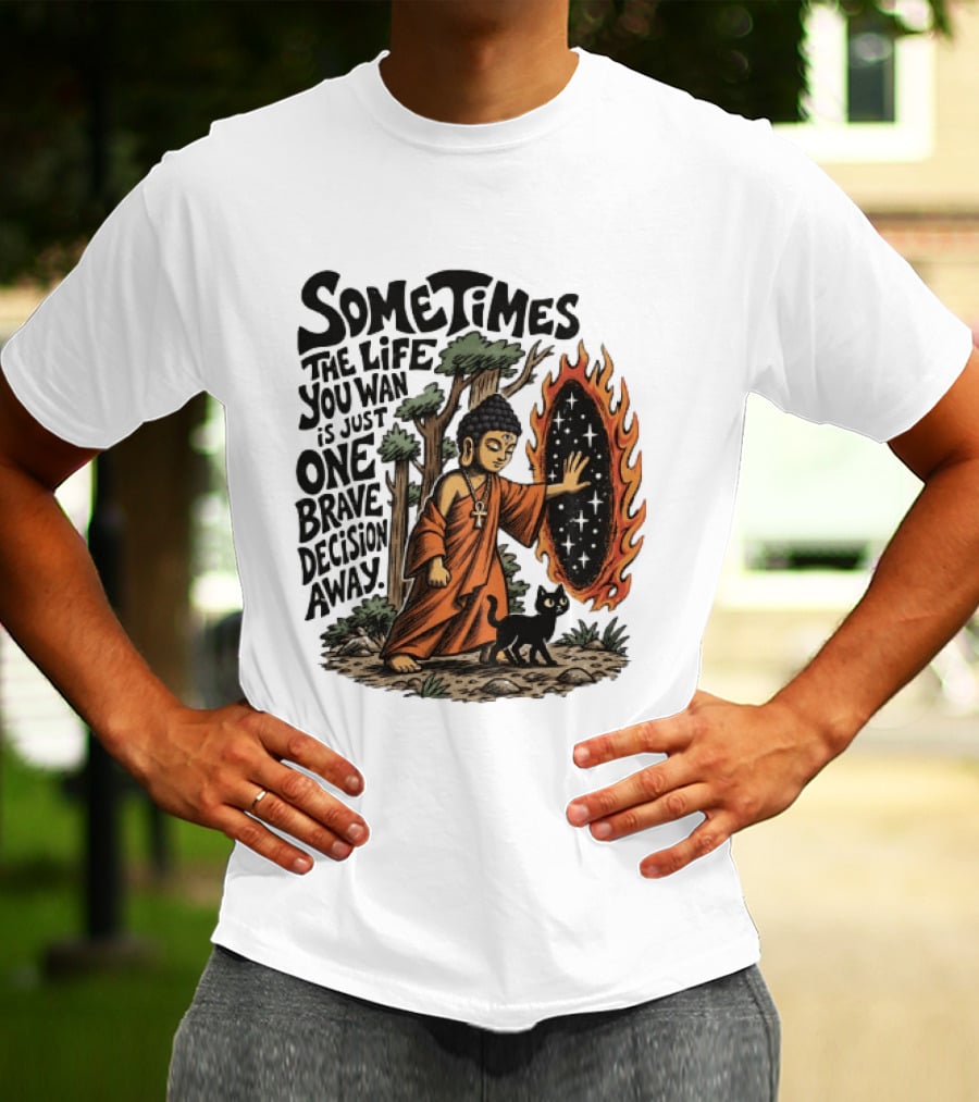 Sometimes The Life You Want Is Just One Brave Decision Away Buddha Cat Portal Forest T-Shirt