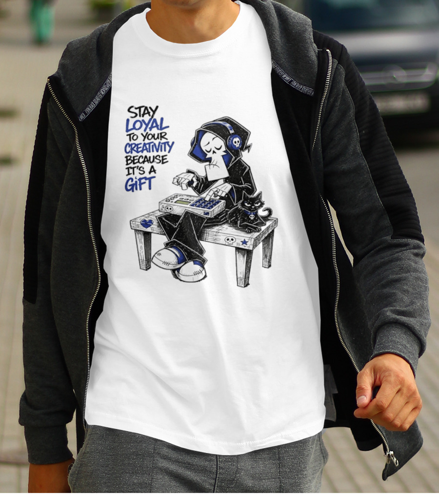 Stay Loyal To Your Creativity Grim Reaper Music Producer With Cat T-Shirt