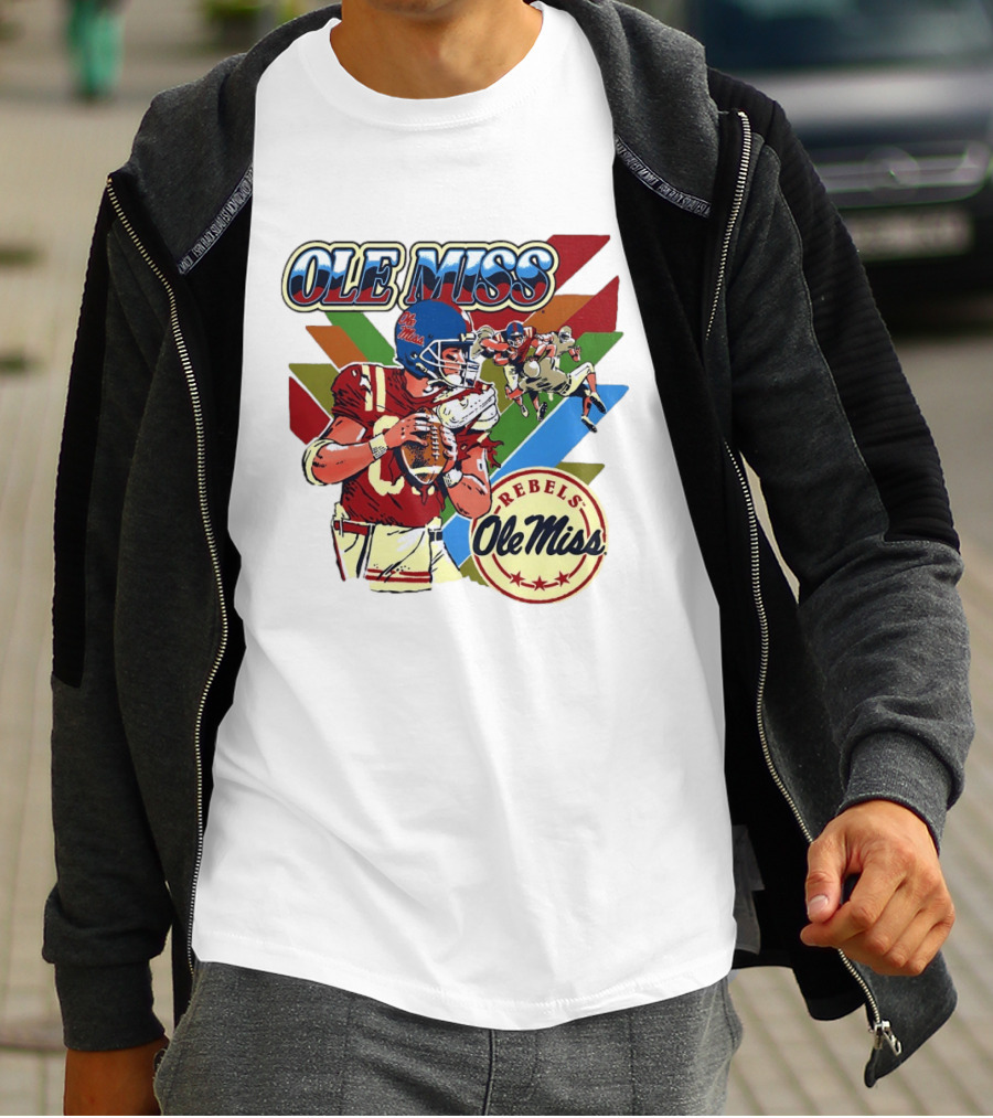 Ole Miss Rebels Football Player Action Retro Style Collaboration T-Shirt
