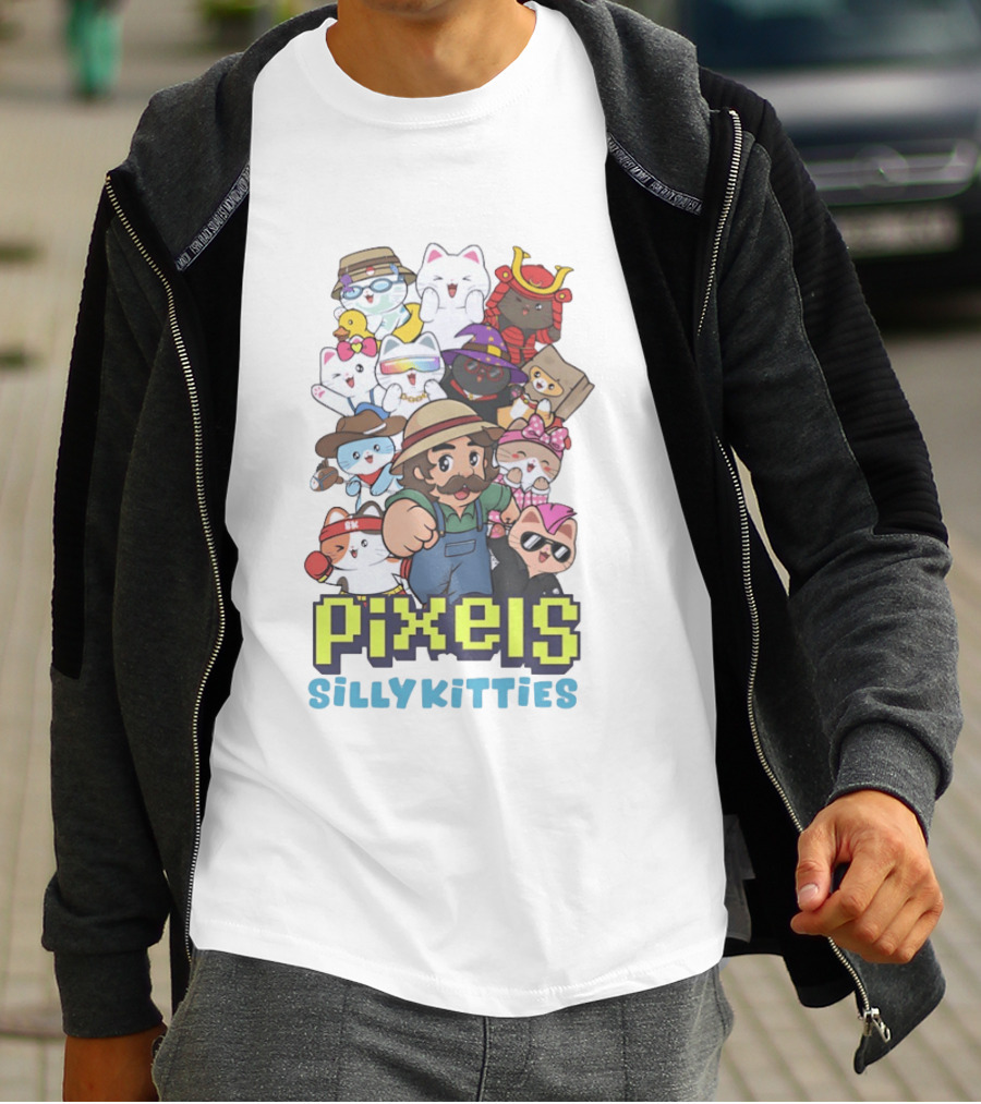 Pixels Silly Kitties Character Collage With Mustached Figure And Cute Cat Ensemble T-Shirt