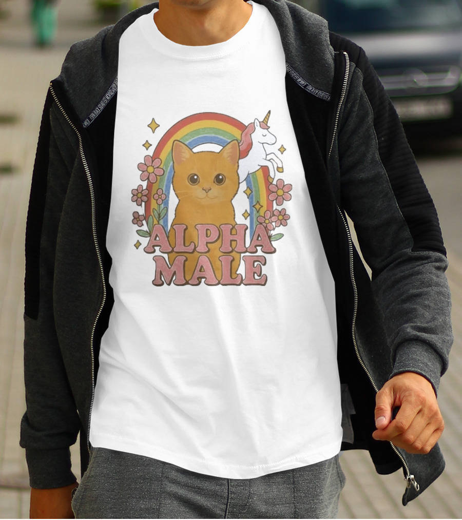 Alpha Male Cat With Unicorn Rainbow And Flowers T-Shirt