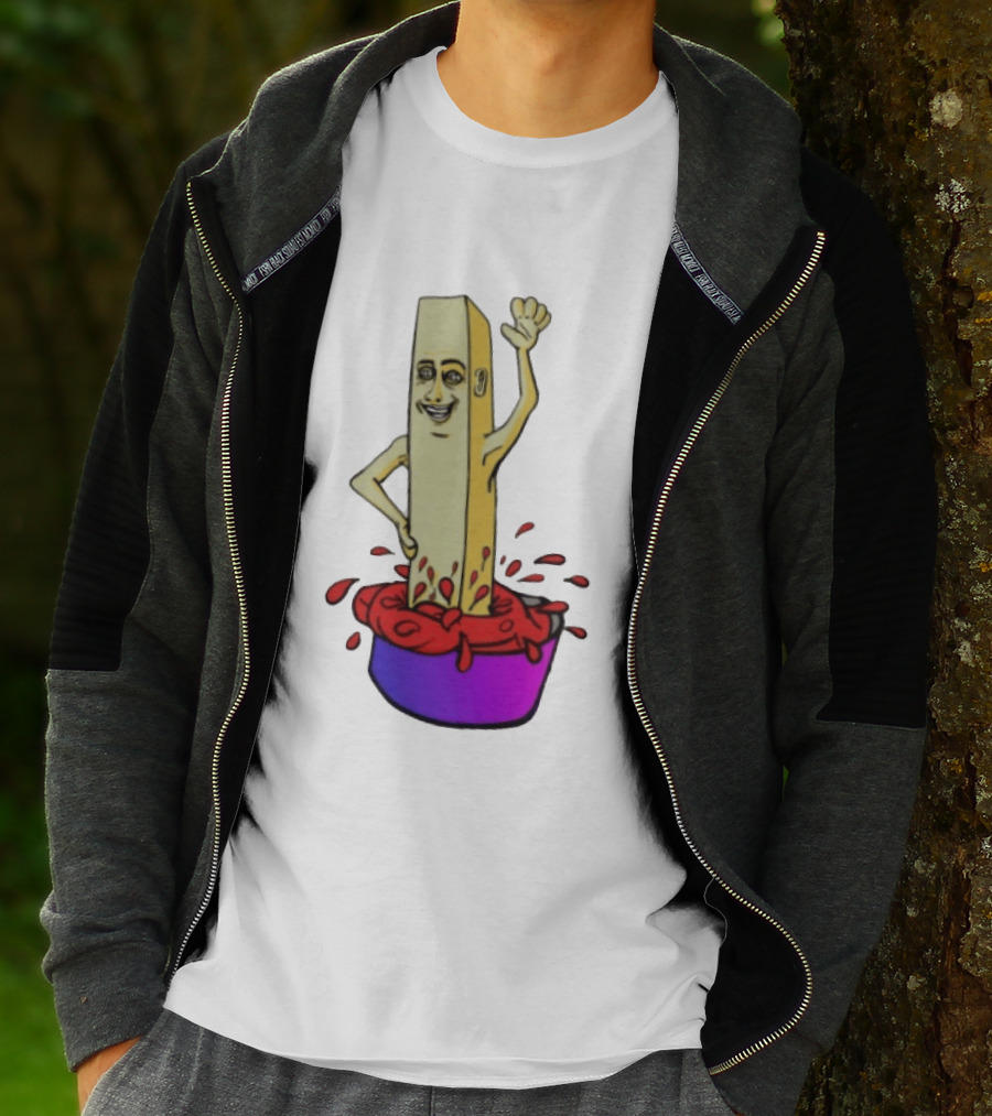 French Fry With Face Humorously Dipping In Ketchup Bowl T-Shirt