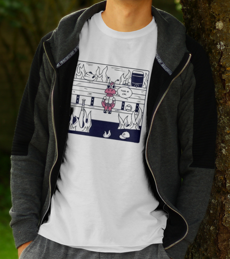 Jaxshrimp This Is Fine Fires Cartoon Cow Sitting Amidst Flames T-Shirt