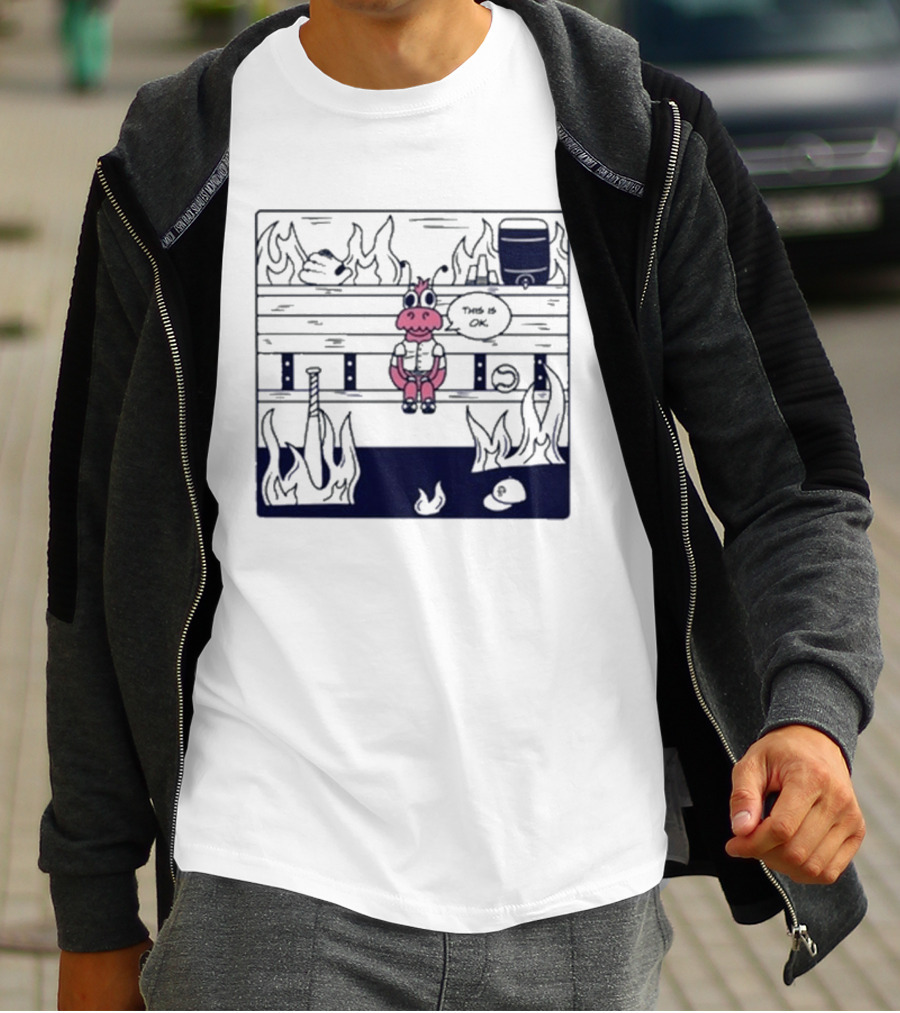 Jaxshrimp This Is Fine Fires Cartoon Cow Sitting Amidst Flames T-Shirt