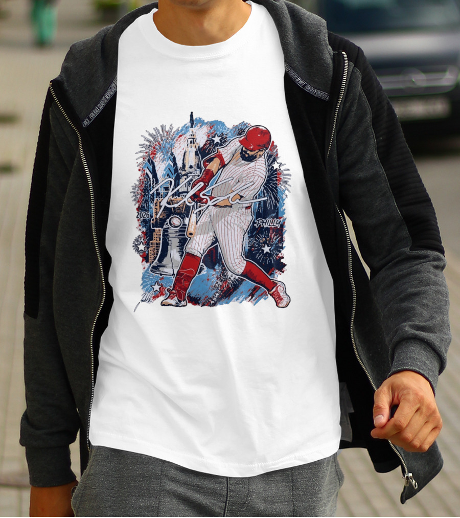 Kyle Schwarber Philly 2026 Swinging Bat Fireworks Liberty Bell T-Shirt