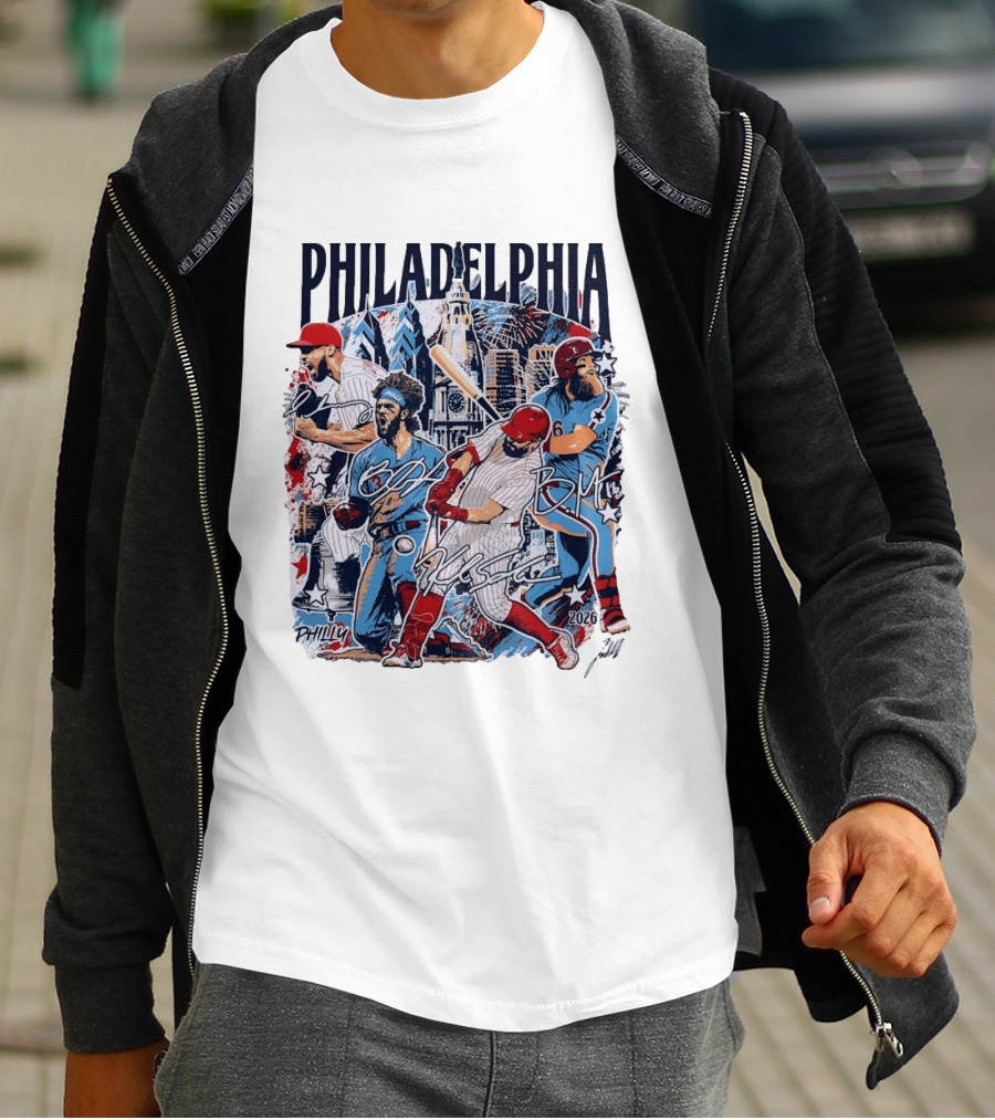 Philadelphia Phillies Stars Skyline 2026 Philly Batter Montage T-Shirt