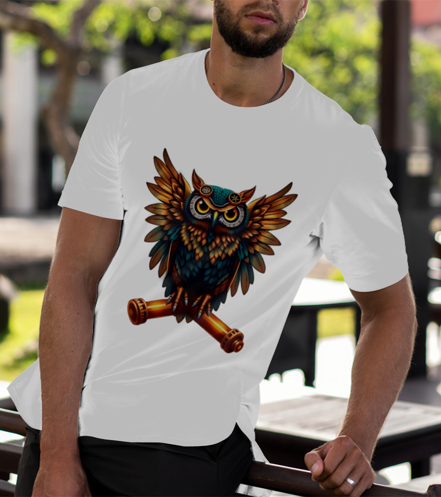 Steampunk Owl With Gears And Pistons Mechanic Aesthetic T-Shirt