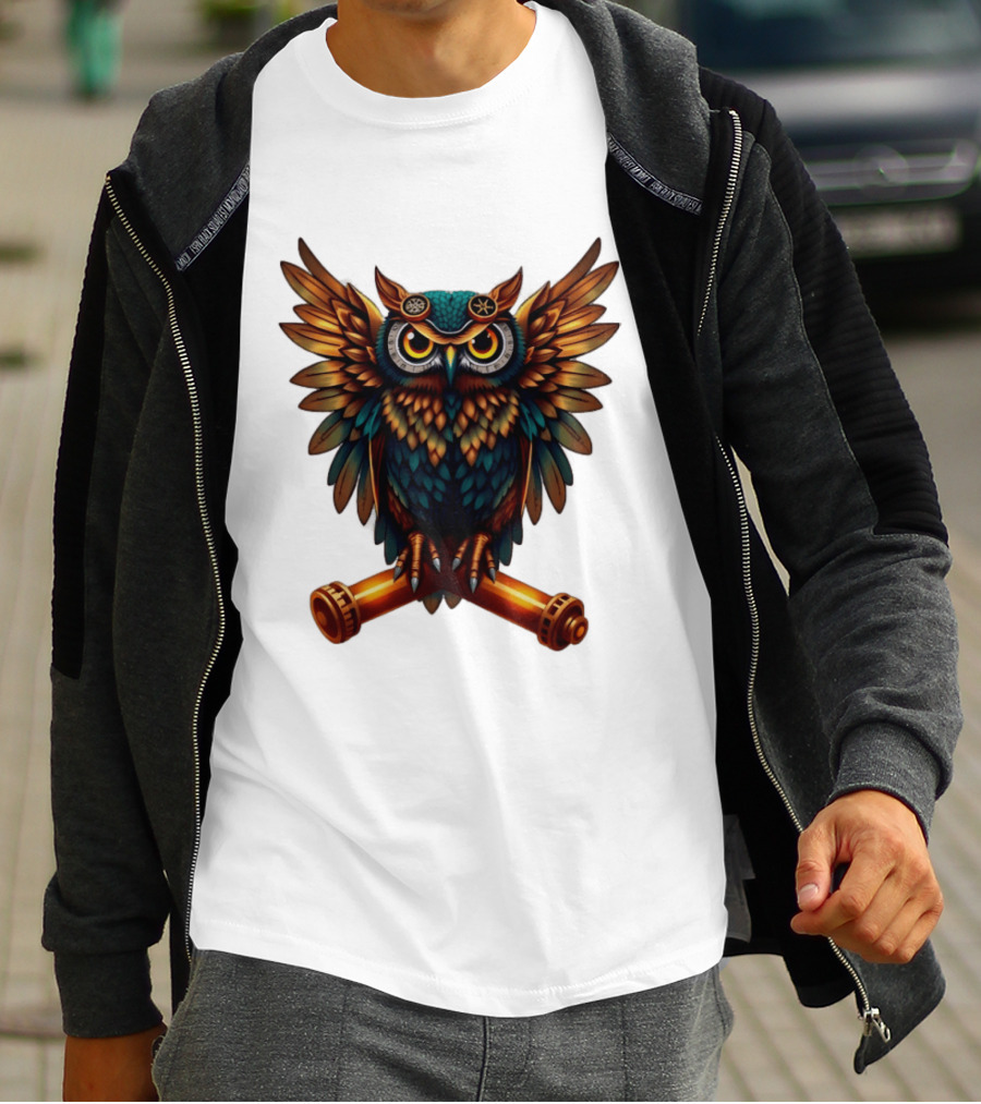 Steampunk Owl With Gears And Pistons Mechanic Aesthetic T-Shirt