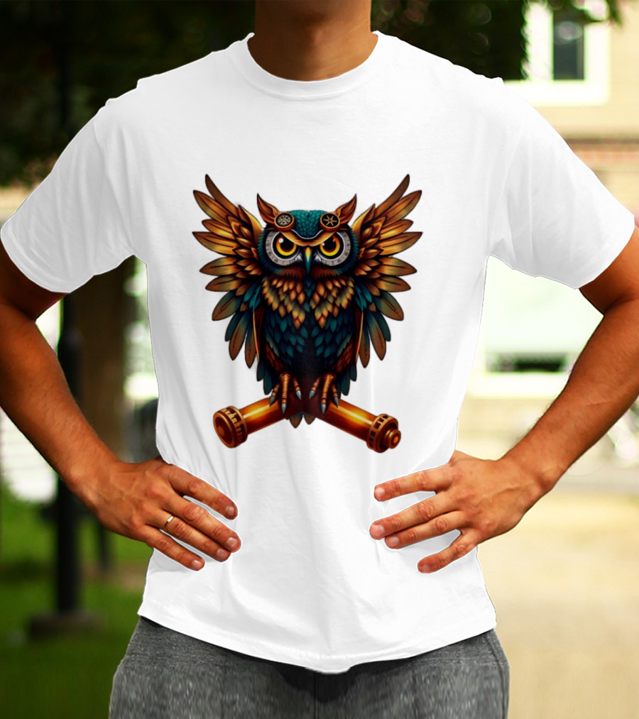 Steampunk Owl With Gears And Pistons Mechanic Aesthetic T-Shirt