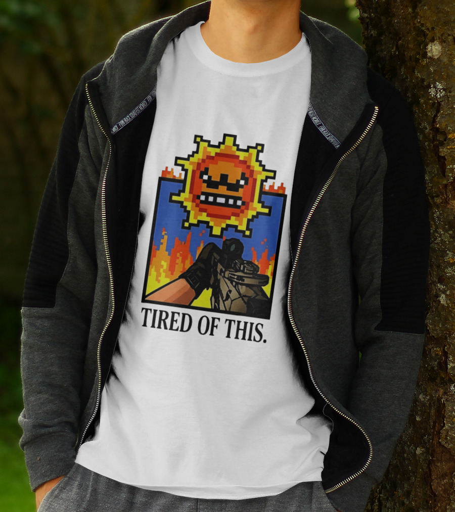 Tired Of This Pixel Sun Fire Gaming Weapon Retro Aesthetic T-Shirt